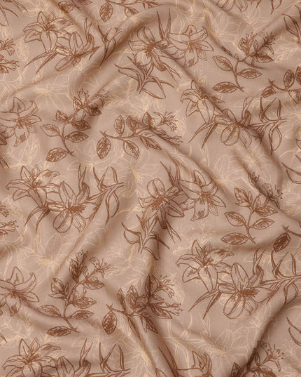 Beige Brown Floral Line Art Printed Linen Fabric, 140 Cms Width, Made in India-D23716