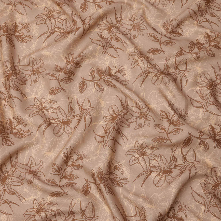 Beige Brown Floral Line Art Printed Linen Fabric, 140 Cms Width, Made in India-D23716