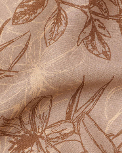 Beige Brown Floral Line Art Printed Linen Fabric, 140 Cms Width, Made in India-D23716