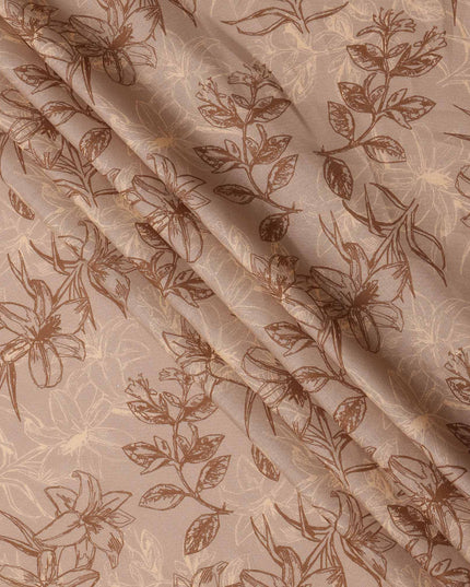Beige Brown Floral Line Art Printed Linen Fabric, 140 Cms Width, Made in India-D23716