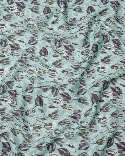 Aqua Green Grey Floral Watercolor Printed Linen Fabric, 140 Cms Width, Made in India-D23717