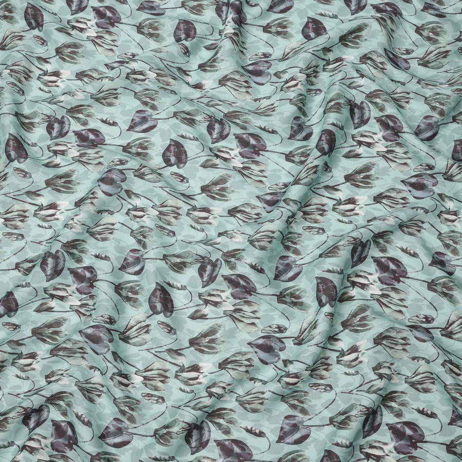Aqua Green Grey Floral Watercolor Printed Linen Fabric, 140 Cms Width, Made in India-D23717