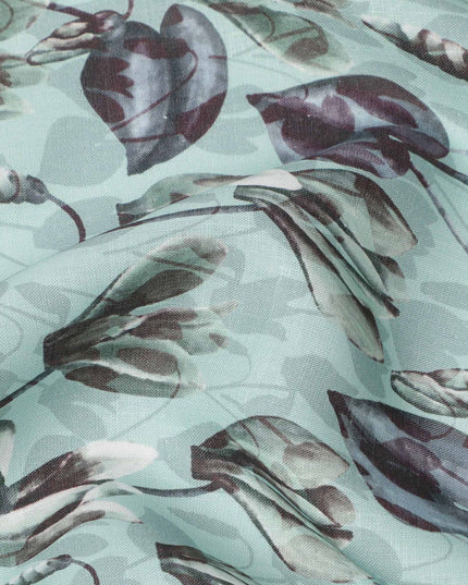 Aqua Green Grey Floral Watercolor Printed Linen Fabric, 140 Cms Width, Made in India-D23717