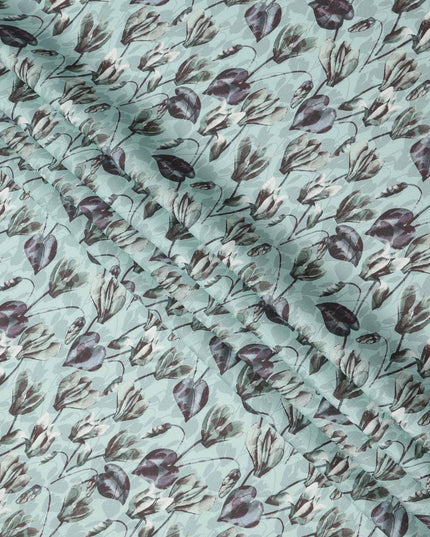 Aqua Green Grey Floral Watercolor Printed Linen Fabric, 140 Cms Width, Made in India-D23717