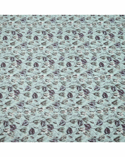 Aqua Green Grey Floral Watercolor Printed Linen Fabric, 140 Cms Width, Made in India-D23717