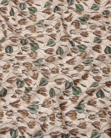 Cream Brown Green Floral Watercolor Printed Linen Fabric, 140 Cms Width, Made in India-D23718