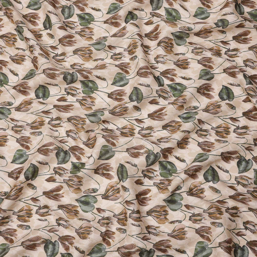 Cream Brown Green Floral Watercolor Printed Linen Fabric, 140 Cms Width, Made in India-D23718