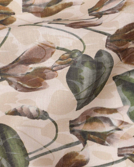 Cream Brown Green Floral Watercolor Printed Linen Fabric, 140 Cms Width, Made in India-D23718