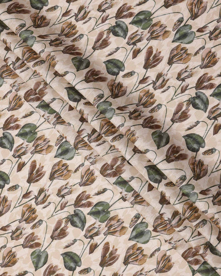 Cream Brown Green Floral Watercolor Printed Linen Fabric, 140 Cms Width, Made in India-D23718