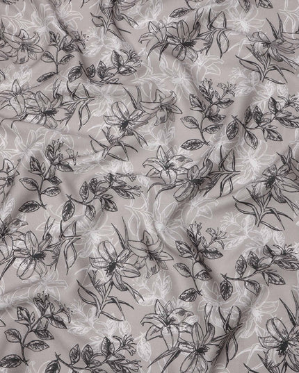 Dusty Grey Black White Floral Line Art Printed Linen Fabric, 140 Cms Width, Made in India-D23719