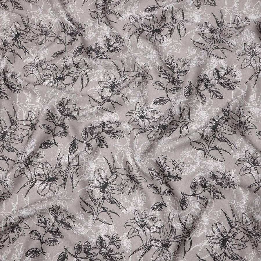 Dusty Grey Black White Floral Line Art Printed Linen Fabric, 140 Cms Width, Made in India-D23719