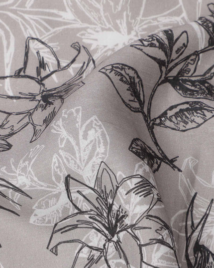 Dusty Grey Black White Floral Line Art Printed Linen Fabric, 140 Cms Width, Made in India-D23719
