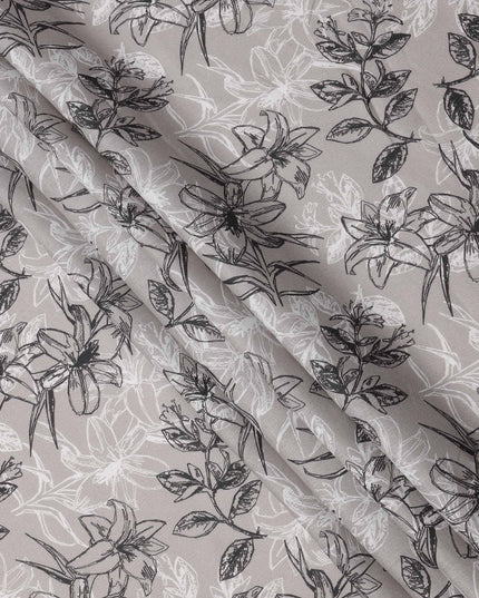 Dusty Grey Black White Floral Line Art Printed Linen Fabric, 140 Cms Width, Made in India-D23719