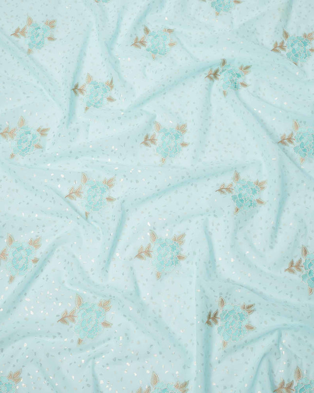 Sky Blue Floral Embroidered Cotton Voile Fabric with Sequin Detailing, 140 Cms Width, Made in India-D23720