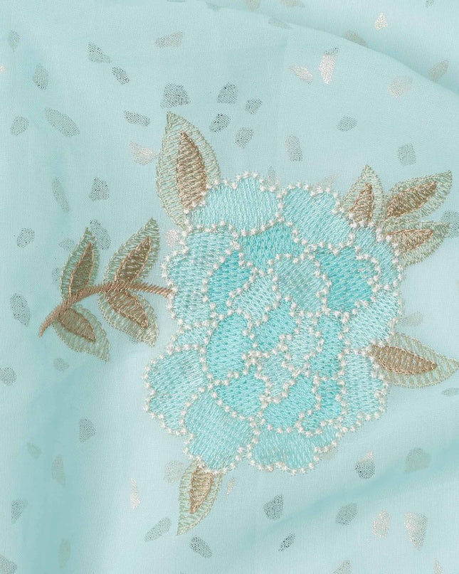 Sky Blue Floral Embroidered Cotton Voile Fabric with Sequin Detailing, 140 Cms Width, Made in India-D23720