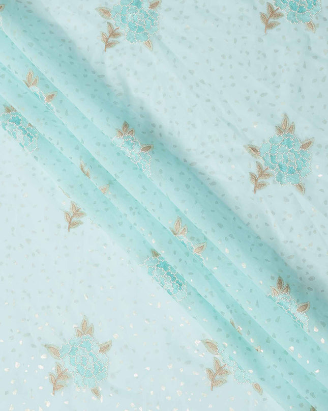 Sky Blue Floral Embroidered Cotton Voile Fabric with Sequin Detailing, 140 Cms Width, Made in India-D23720