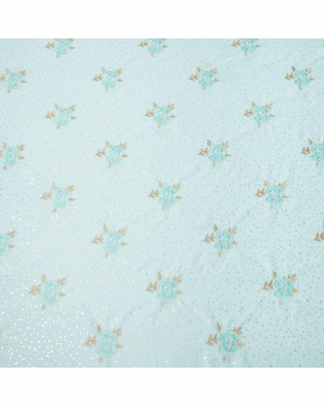 Sky Blue Floral Embroidered Cotton Voile Fabric with Sequin Detailing, 140 Cms Width, Made in India-D23720