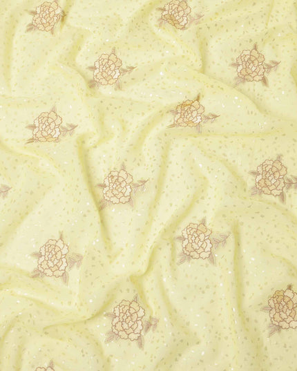 قماش فوال قطني مطرز بنقشة زهور باللون الأصفر الليموني مع لمسات من الترتر، عرض 140 سم، صنع في الهند - D23721