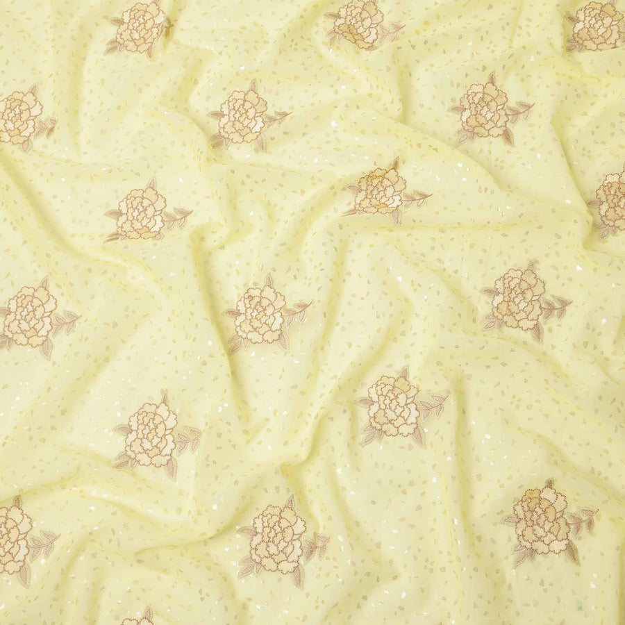 قماش فوال قطني مطرز بنقشة زهور باللون الأصفر الليموني مع لمسات من الترتر، عرض 140 سم، صنع في الهند - D23721