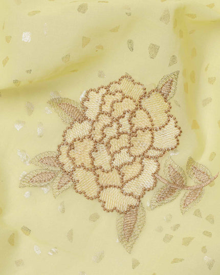 قماش فوال قطني مطرز بنقشة زهور باللون الأصفر الليموني مع لمسات من الترتر، عرض 140 سم، صنع في الهند - D23721