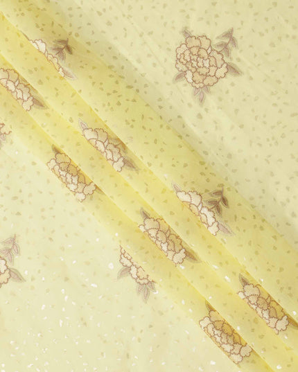 قماش فوال قطني مطرز بنقشة زهور باللون الأصفر الليموني مع لمسات من الترتر، عرض 140 سم، صنع في الهند - D23721