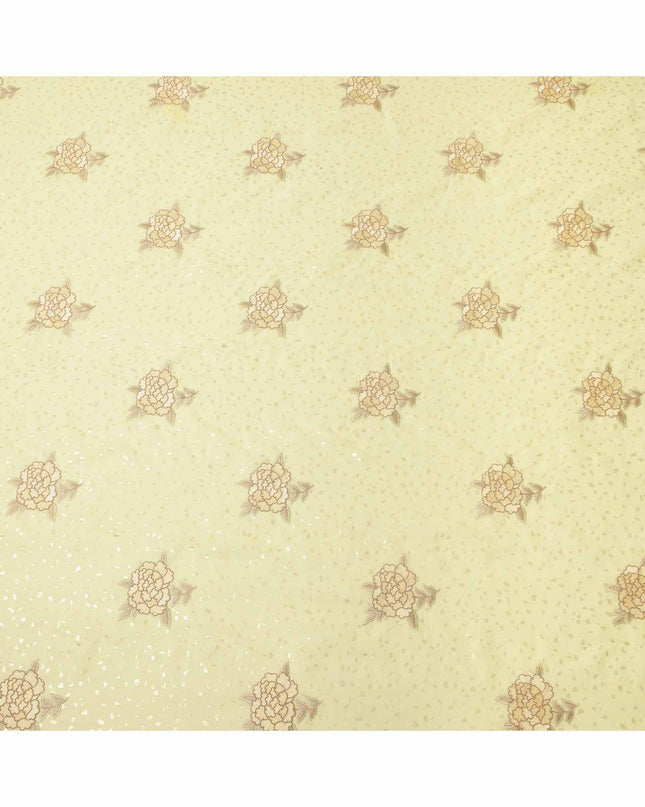 قماش فوال قطني مطرز بنقشة زهور باللون الأصفر الليموني مع لمسات من الترتر، عرض 140 سم، صنع في الهند - D23721