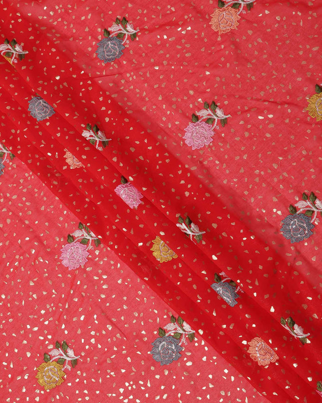 Bright Coral Multicolor Floral Embroidered Cotton Voile Fabric with Sequin Work, 140 Cms Width, Made in India-D23722