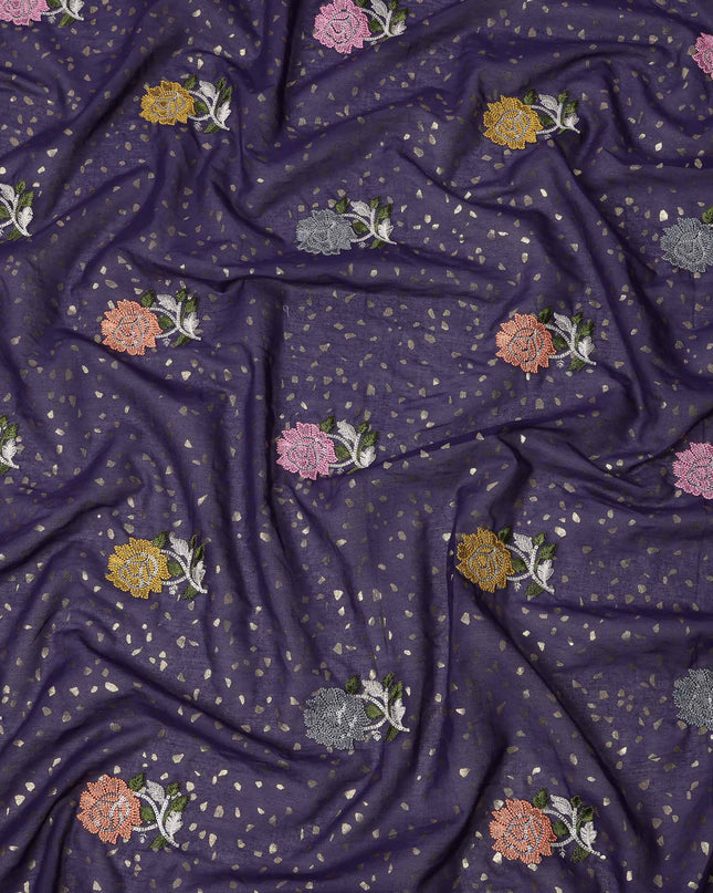 Deep Purple Multicolor Floral Embroidered Cotton Voile Fabric with Sequin Highlights, 140 Cms Width, Made in India-D23723