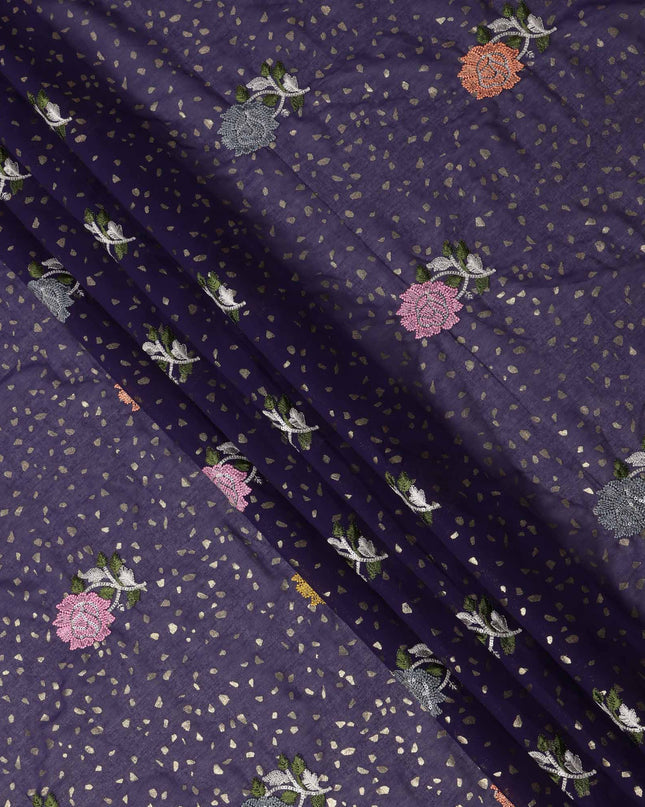 Deep Purple Multicolor Floral Embroidered Cotton Voile Fabric with Sequin Highlights, 140 Cms Width, Made in India-D23723