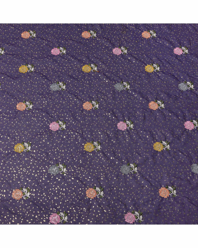 Deep Purple Multicolor Floral Embroidered Cotton Voile Fabric with Sequin Highlights, 140 Cms Width, Made in India-D23723