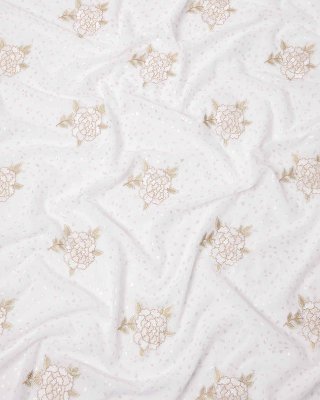 Pure White Floral Embroidered Cotton Voile Fabric with Sequin Detailing, 140 Cms Width, Made in India-D23724