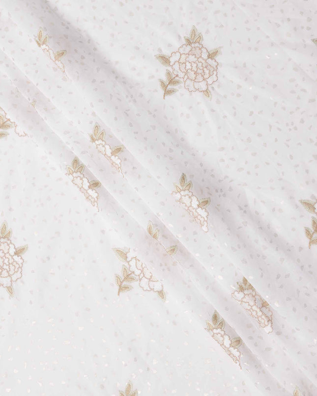 Pure White Floral Embroidered Cotton Voile Fabric with Sequin Detailing, 140 Cms Width, Made in India-D23724
