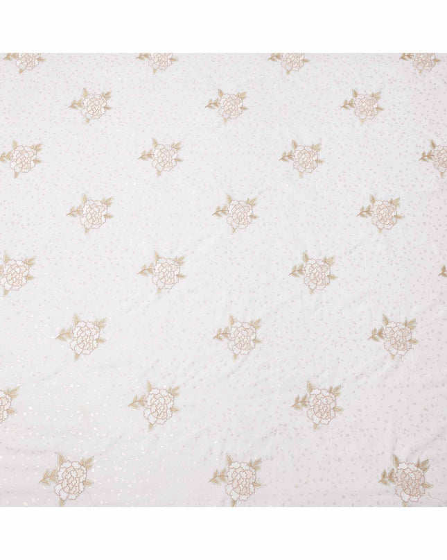 Pure White Floral Embroidered Cotton Voile Fabric with Sequin Detailing, 140 Cms Width, Made in India-D23724