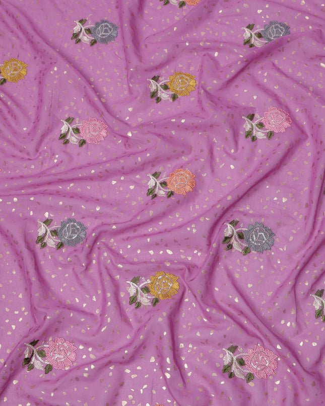 Lavender Pink Multicolor Floral Embroidered Cotton Voile Fabric with Sequin Accents, 140 Cms Width, Made in India-D23725