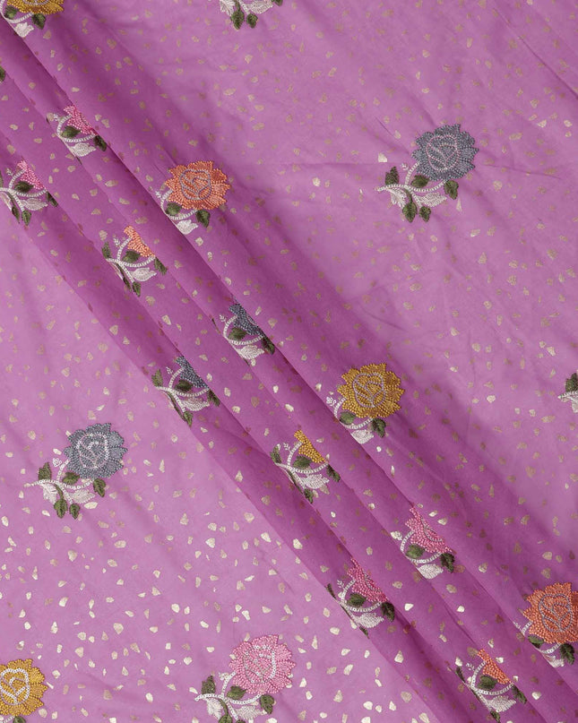Lavender Pink Multicolor Floral Embroidered Cotton Voile Fabric with Sequin Accents, 140 Cms Width, Made in India-D23725