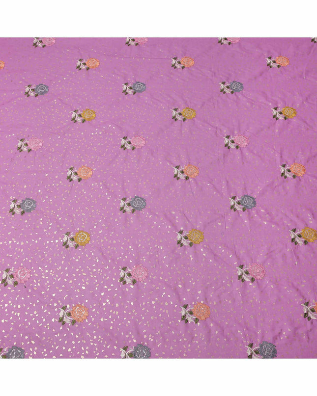 Lavender Pink Multicolor Floral Embroidered Cotton Voile Fabric with Sequin Accents, 140 Cms Width, Made in India-D23725