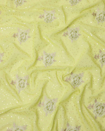 Lime Green Floral Embroidered Cotton Voile Fabric with Sequin Highlights, 140 Cms Width, Made in India-D23726 - Regal Fabrics