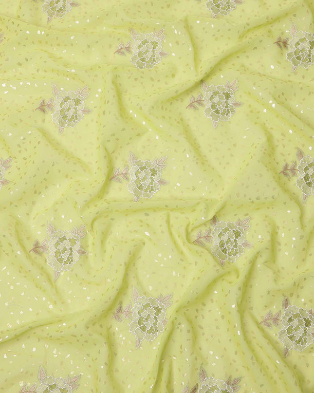 Lime Green Floral Embroidered Cotton Voile Fabric with Sequin Highlights, 140 Cms Width, Made in India-D23726