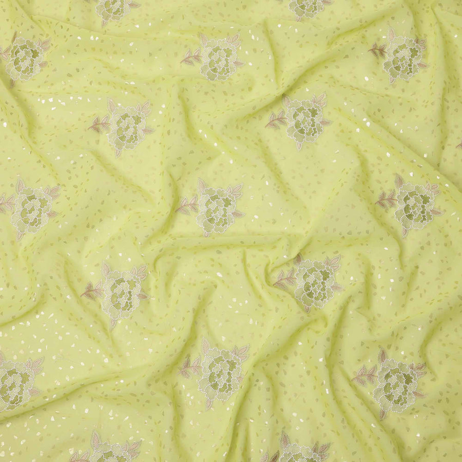 Lime Green Floral Embroidered Cotton Voile Fabric with Sequin Highlights, 140 Cms Width, Made in India-D23726 - Regal Fabrics