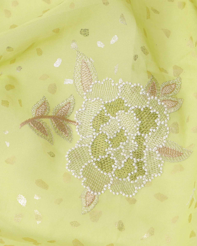 Lime Green Floral Embroidered Cotton Voile Fabric with Sequin Highlights, 140 Cms Width, Made in India-D23726