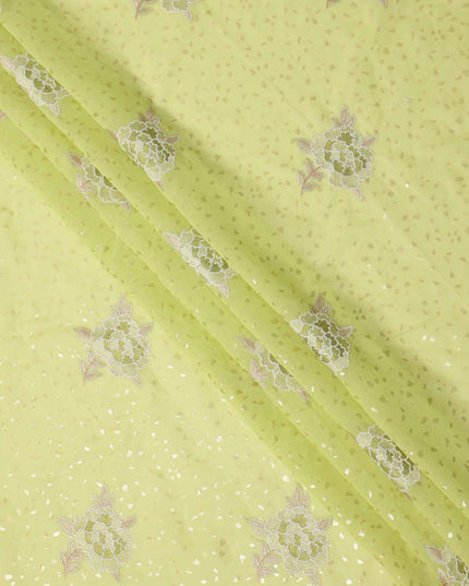 Lime Green Floral Embroidered Cotton Voile Fabric with Sequin Highlights, 140 Cms Width, Made in India-D23726 - Regal Fabrics