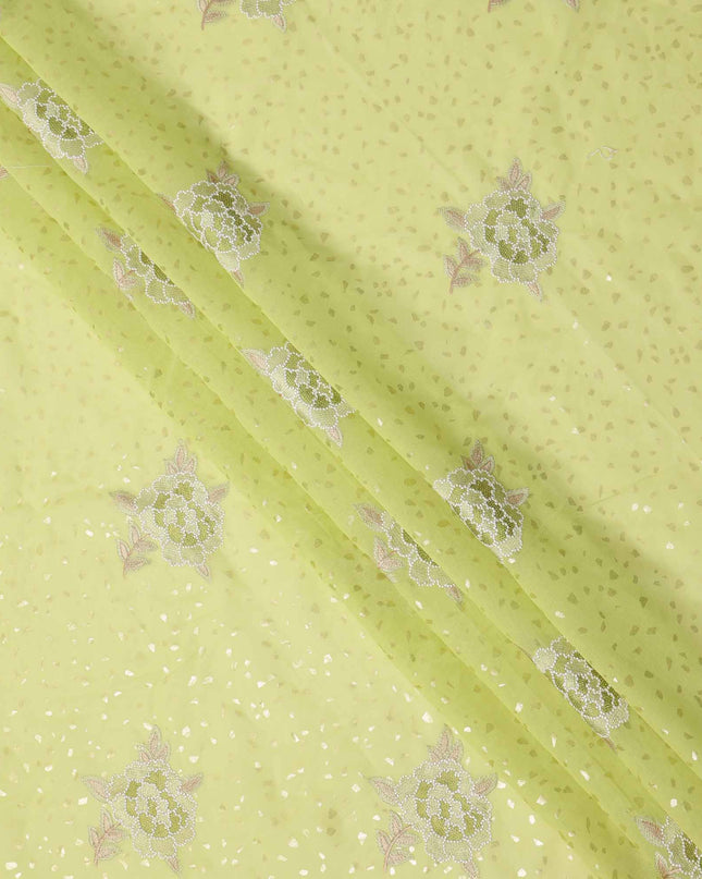 Lime Green Floral Embroidered Cotton Voile Fabric with Sequin Highlights, 140 Cms Width, Made in India-D23726