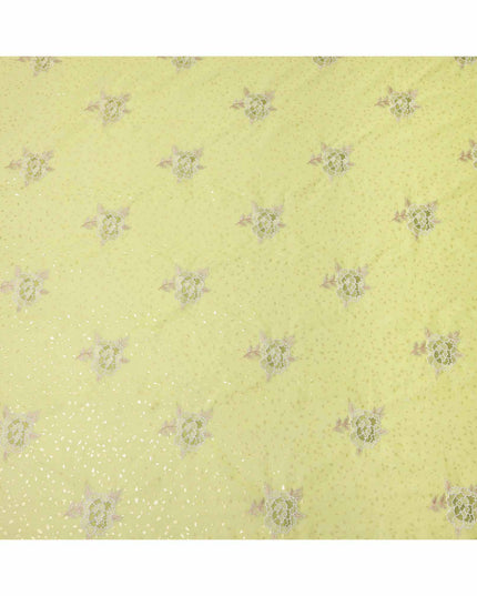 Lime Green Floral Embroidered Cotton Voile Fabric with Sequin Highlights, 140 Cms Width, Made in India-D23726 - Regal Fabrics