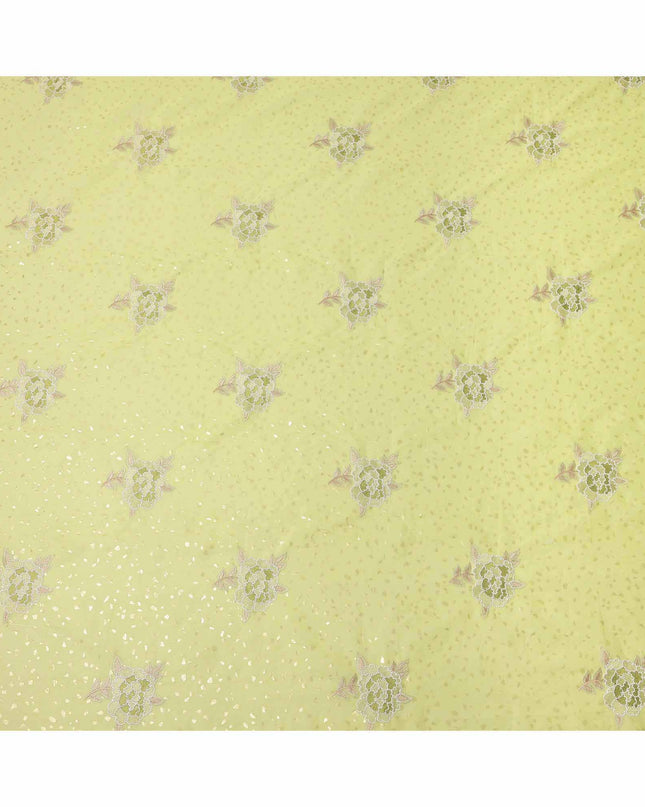 Lime Green Floral Embroidered Cotton Voile Fabric with Sequin Highlights, 140 Cms Width, Made in India-D23726
