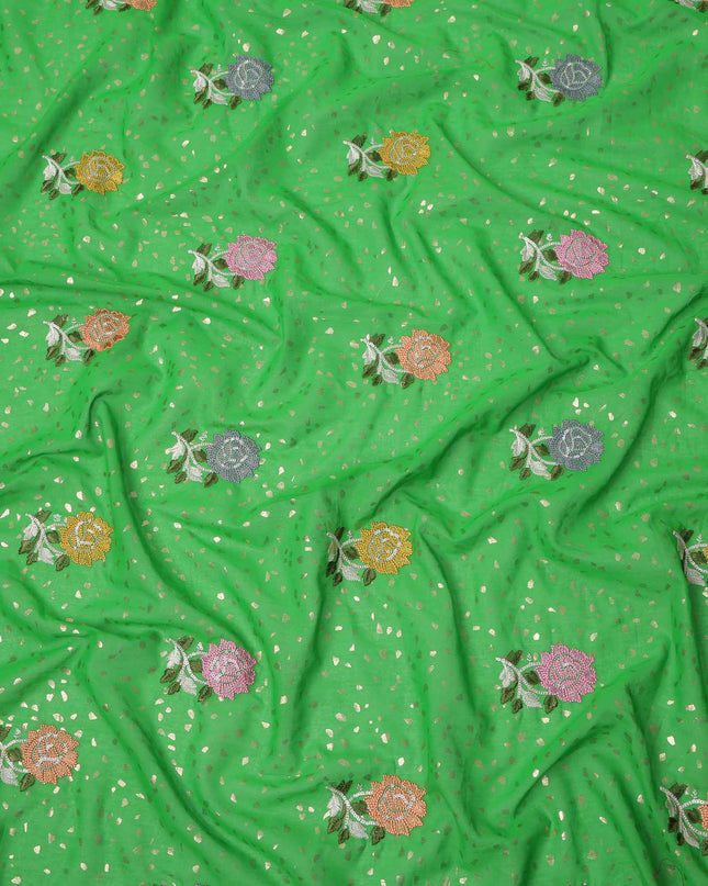 Bright Green Multicolor Floral Embroidered Cotton Voile Fabric with Sequin Detailing, 140 Cms Width, Made in India-D23727