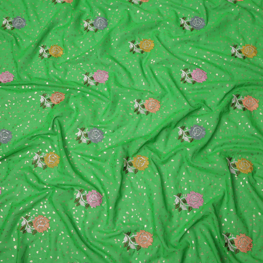 Bright Green Multicolor Floral Embroidered Cotton Voile Fabric with Sequin Detailing, 140 Cms Width, Made in India-D23727 - Regal Fabrics