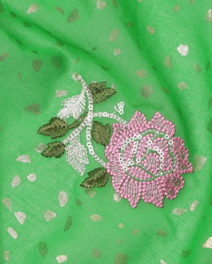 Bright Green Multicolor Floral Embroidered Cotton Voile Fabric with Sequin Detailing, 140 Cms Width, Made in India-D23727 - Regal Fabrics