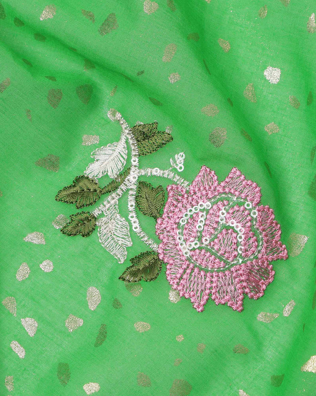 Bright Green Multicolor Floral Embroidered Cotton Voile Fabric with Sequin Detailing, 140 Cms Width, Made in India-D23727