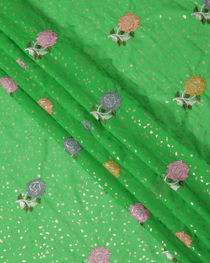 Bright Green Multicolor Floral Embroidered Cotton Voile Fabric with Sequin Detailing, 140 Cms Width, Made in India-D23727 - Regal Fabrics
