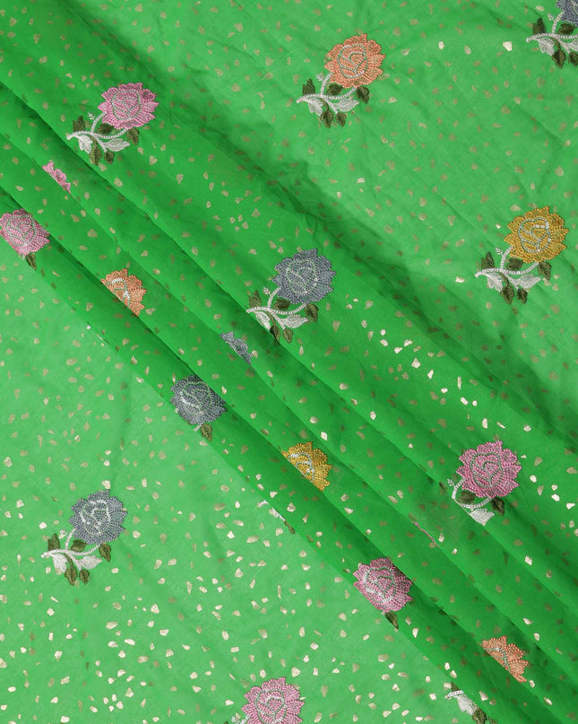 Bright Green Multicolor Floral Embroidered Cotton Voile Fabric with Sequin Detailing, 140 Cms Width, Made in India-D23727